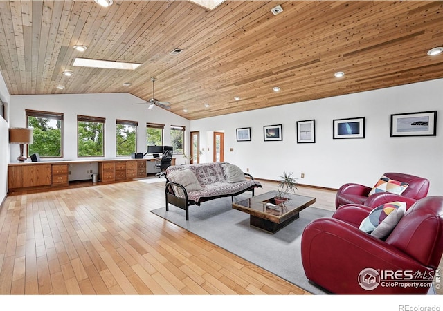 1484 Wicklow St, Boulder, CO 80303 - living area featuring vaulted ceiling, wood ceiling, an office area, wood finished floors, and ceiling fan
