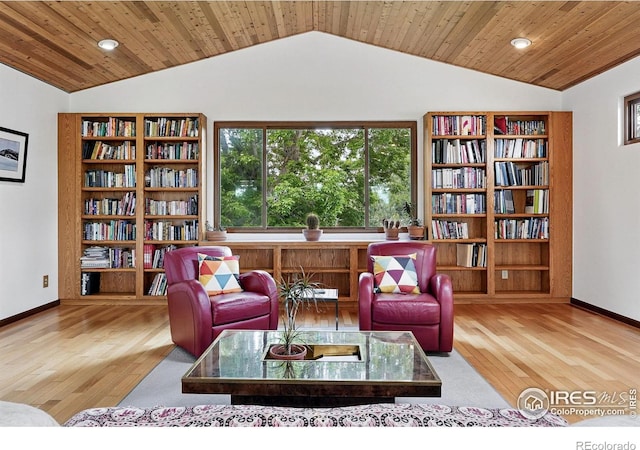 1484 Wicklow St, Boulder, CO 80303 - living area with lofted ceiling, wood finished floors, recessed lighting, wooden ceiling, and baseboards