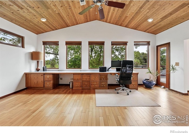 1484 Wicklow St, Boulder, CO 80303 - office featuring vaulted ceiling, a ceiling fan, plenty of natural light, light wood-type flooring, and wooden ceiling