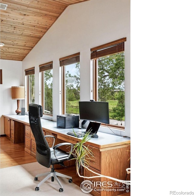 1484 Wicklow St, Boulder, CO 80303 - office area featuring vaulted ceiling, plenty of natural light, light wood-style flooring, and wooden ceiling