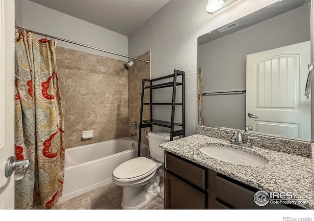 13598 Horseshoe Cir, Mead, CO 80542 - bathroom with shower / bath combo, toilet, vanity, tile patterned flooring, and a textured wall