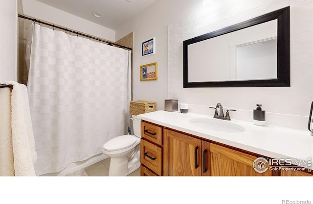 2790 Heron Lakes Pkwy, Berthoud, CO 80513 - bathroom featuring vanity, toilet, a shower with curtain, and tile patterned floors