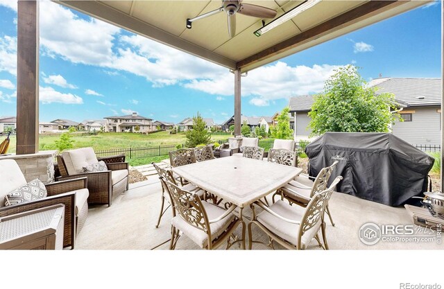 2790 Heron Lakes Pkwy, Berthoud, CO 80513 - view of patio / terrace with a ceiling fan, outdoor dining space, a residential view, outdoor lounge area, and grilling area