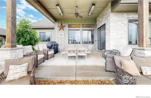 2790 Heron Lakes Pkwy, Berthoud, CO 80513 - view of patio featuring ceiling fan, outdoor dining area, and area for grilling