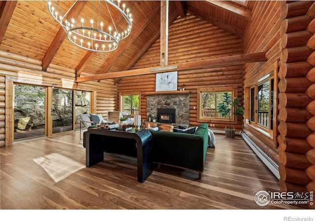 172 Tall Pine Ln, Boulder, CO 80302 - living room with baseboard heating, high vaulted ceiling, a chandelier, a stone fireplace, and wooden ceiling with exposed beams
