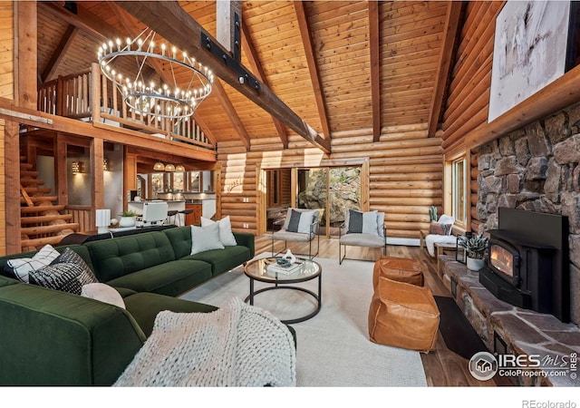 172 Tall Pine Ln, Boulder, CO 80302 - living area featuring wood ceiling with exposed beams, high vaulted ceiling, a wood stove, a chandelier, and rustic walls