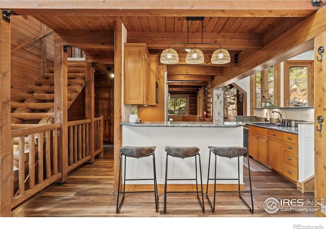 172 Tall Pine Ln, Boulder, CO 80302 - kitchen with dark wood-style floors, a sink, wooden ceiling with exposed beams, log walls, and a peninsula