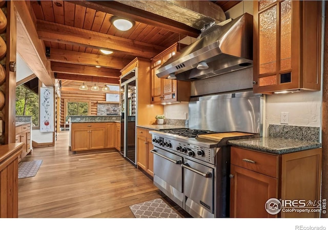 172 Tall Pine Ln, Boulder, CO 80302 - kitchen featuring light wood-style floors, high end appliances, wood ceiling with exposed beams, wall chimney range hood, and brown cabinetry