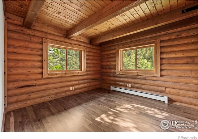 172 Tall Pine Ln, Boulder, CO 80302 - spare room featuring a baseboard radiator, healthy amount of natural light, wood finished floors, and wood ceiling with exposed beams