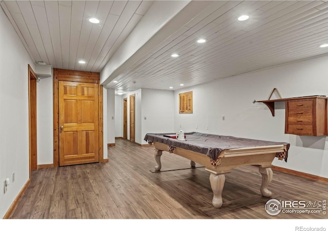 172 Tall Pine Ln, Boulder, CO 80302 - rec room featuring recessed lighting, baseboards, billiards, wood finished floors, and wood ceiling