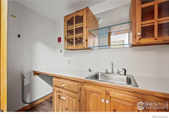 172 Tall Pine Ln, Boulder, CO 80302 - kitchen with a sink, electric panel, tile counters, and glass insert cabinets