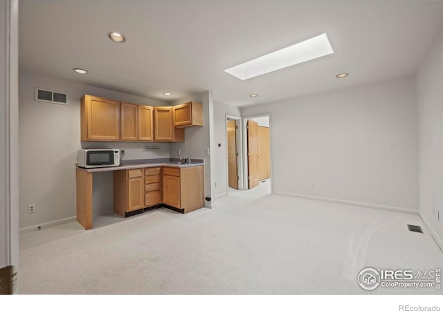 172 Tall Pine Ln, Boulder, CO 80302 - kitchen featuring stainless steel microwave, a skylight, light carpet, recessed lighting, and baseboards