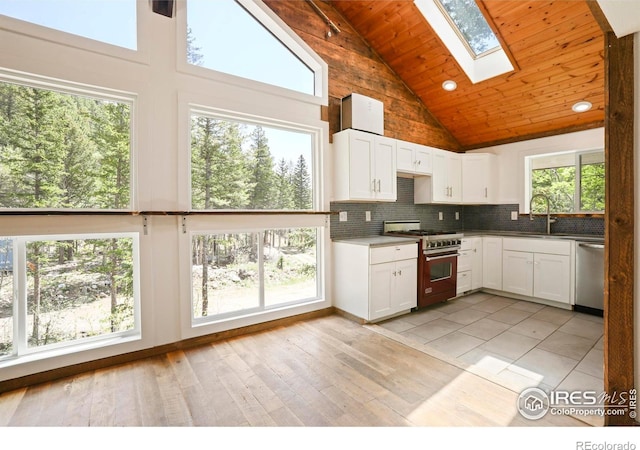 90 California Gulch Rd, Jamestown, CO 80455 - kitchen with stainless steel appliances, high vaulted ceiling, a skylight, white cabinets, and backsplash