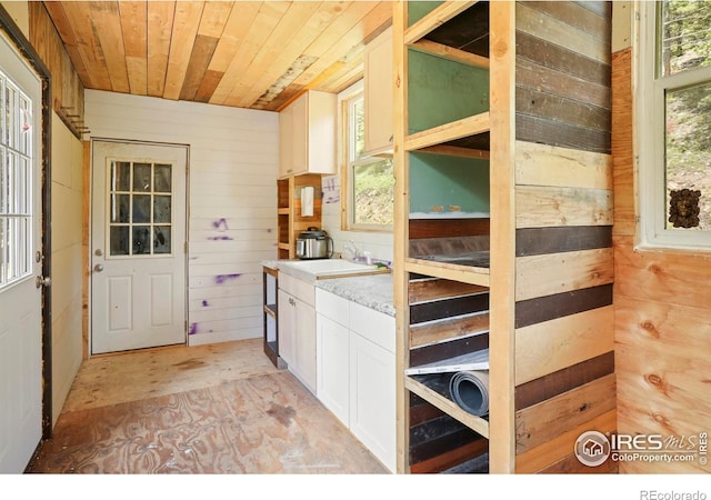 90 California Gulch Rd, Jamestown, CO 80455 - kitchen with wood walls, healthy amount of natural light, a sink, light countertops, and white cabinets