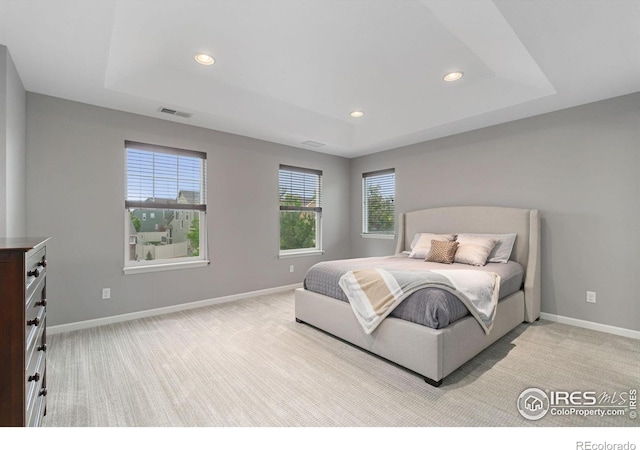 17805 Coral Burst St, Parker, CO 80134 - bedroom featuring a raised ceiling, baseboards, recessed lighting, and light colored carpet