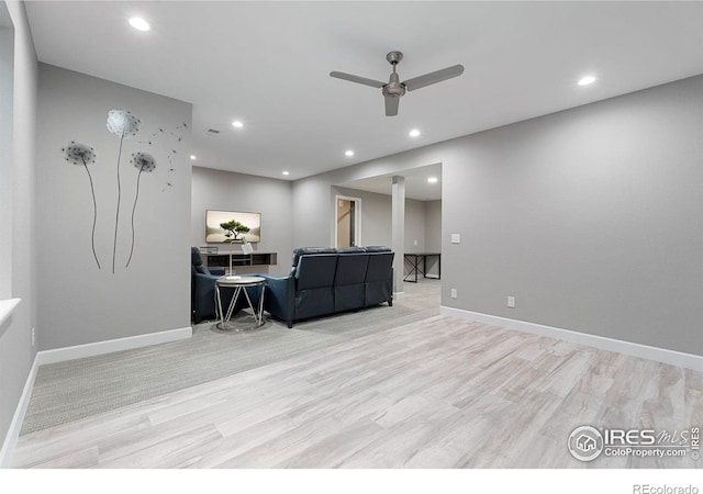 17805 Coral Burst St, Parker, CO 80134 - living room with a ceiling fan, light wood finished floors, recessed lighting, and baseboards