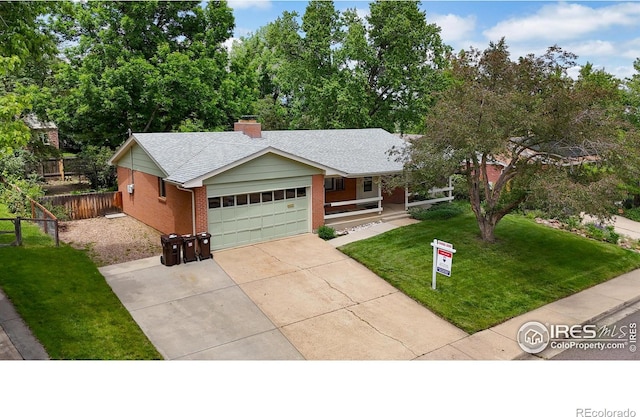 1025 Edinboro Dr, Boulder, CO 80305 - ranch-style home with brick siding, a garage, driveway, a chimney, and a shingled roof