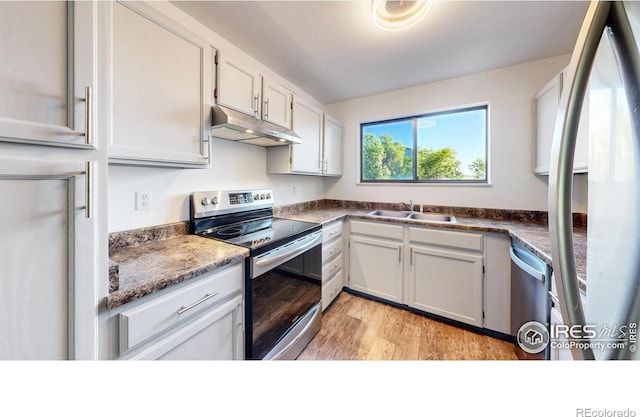 3526 S Depew St Unit 102, Lakewood, CO 80235 - kitchen with under cabinet range hood, stainless steel appliances, a sink, light wood-style flooring, and dark countertops