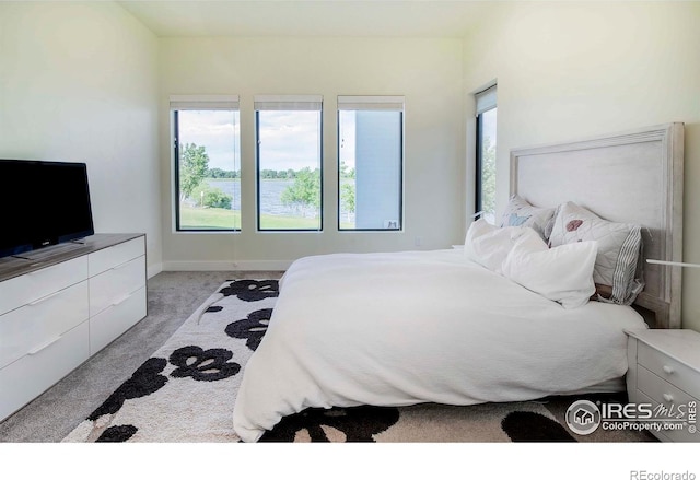1769 Beachside Dr, Windsor, CO 80550 - carpeted bedroom featuring baseboards and a water view