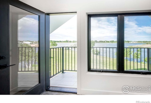 1769 Beachside Dr, Windsor, CO 80550 - doorway to outside featuring a water view and plenty of natural light