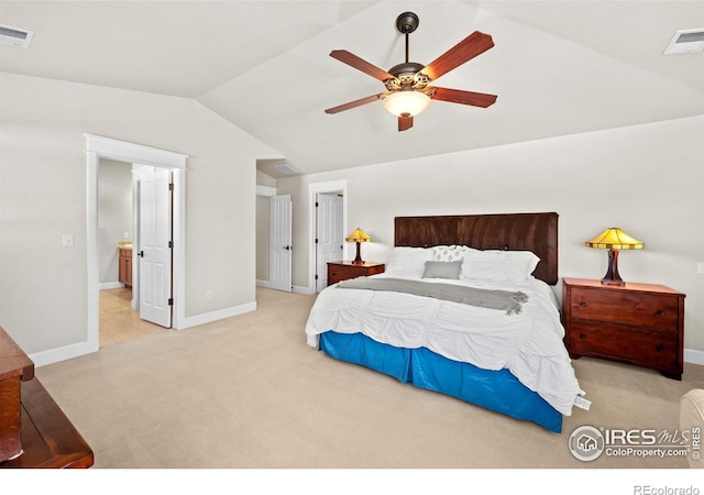 2005 Calico Ct, Longmont, CO 80503 - bedroom featuring vaulted ceiling, light colored carpet, baseboards, and a ceiling fan