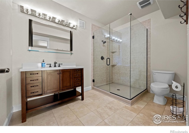 2005 Calico Ct, Longmont, CO 80503 - bathroom featuring vanity, toilet, a stall shower, tile patterned flooring, and baseboards