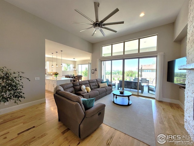 4236 Carroway Seed Ct, Johnstown, CO 80534 - living area with a ceiling fan, light wood-style floors, a high ceiling, and baseboards