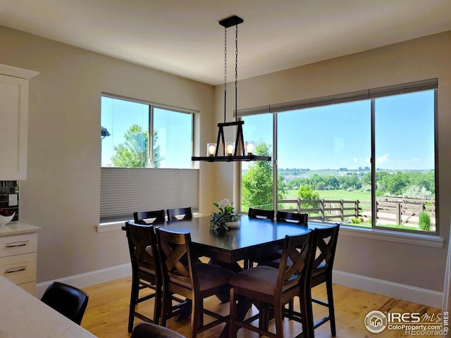 4236 Carroway Seed Ct, Johnstown, CO 80534 - dining area featuring baseboards, light wood-style floors, and a chandelier