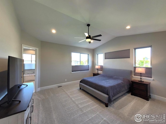 4236 Carroway Seed Ct, Johnstown, CO 80534 - bedroom featuring baseboards, lofted ceiling, light colored carpet, recessed lighting, and ceiling fan