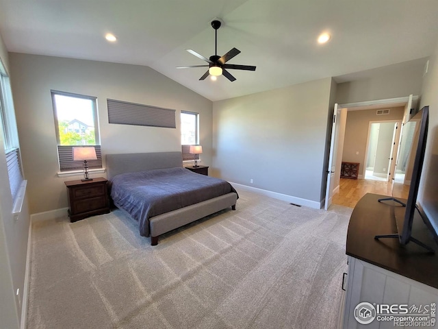 4236 Carroway Seed Ct, Johnstown, CO 80534 - bedroom with vaulted ceiling, baseboards, light carpet, ceiling fan, and recessed lighting