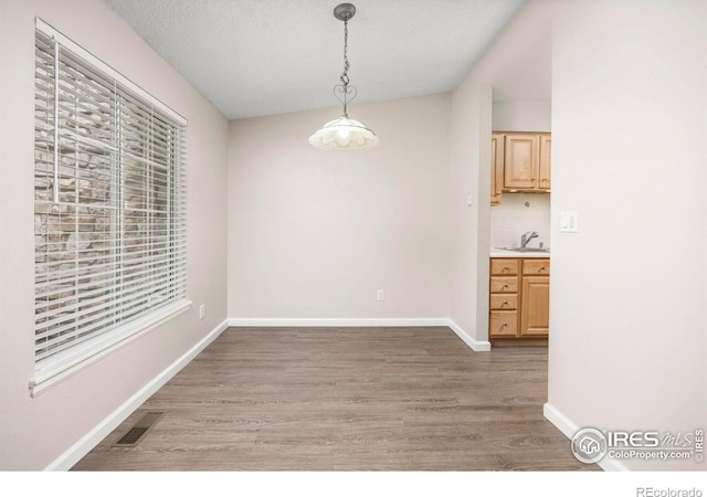 8423 Everett Way Unit A, Arvada, CO 80005 - unfurnished dining area with a sink, wood finished floors, baseboards, and vaulted ceiling