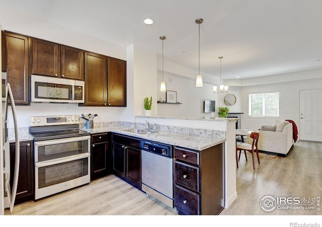 1240 Wren Ct Unit D, Longmont, CO 80501 - kitchen featuring appliances with stainless steel finishes, a sink, light wood-type flooring, dark brown cabinetry, and recessed lighting