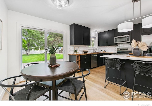 4329 Main St, Timnath, CO 80547 - kitchen featuring appliances with stainless steel finishes, dark cabinetry, light countertops, tasteful backsplash, and light wood-type flooring