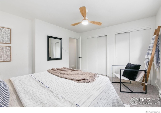 4329 Main St, Timnath, CO 80547 - carpeted bedroom featuring two closets, a ceiling fan, and baseboards