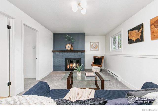 4329 Main St, Timnath, CO 80547 - living area with a baseboard radiator, carpet floors, a fireplace, and baseboards
