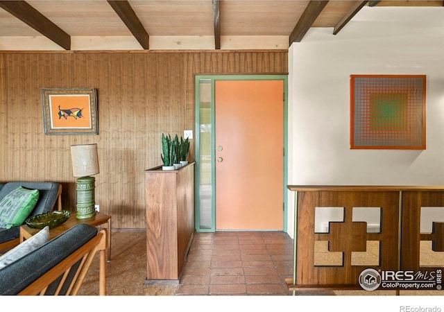 5450 Mohawk Rd, Littleton, CO 80123 - foyer entrance featuring beamed ceiling and wooden walls