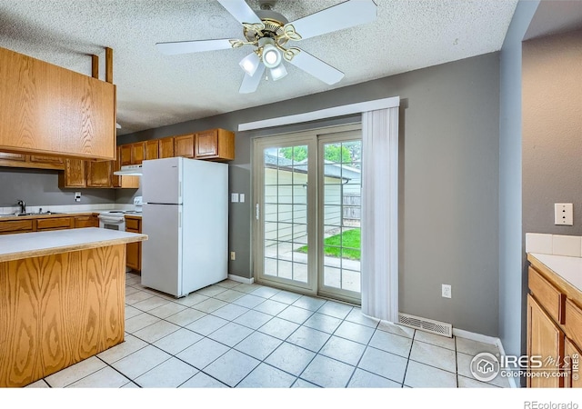 701 Elm St, Windsor, CO 80550 - kitchen with white appliances, under cabinet range hood, light countertops, a sink, and a textured ceiling