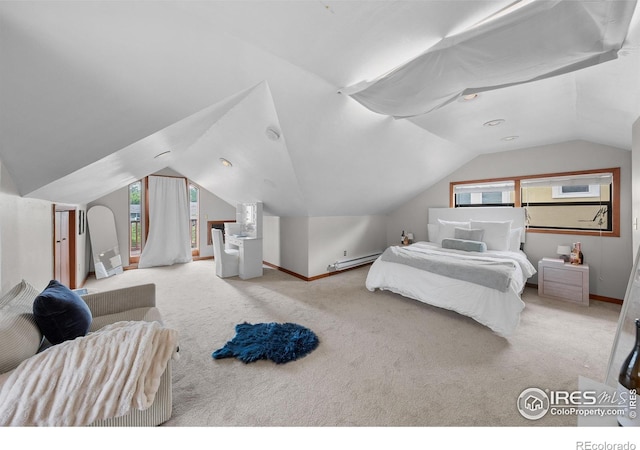 1020 10th St, Boulder, CO 80302 - bedroom with carpet floors, lofted ceiling, multiple windows, baseboards, and a baseboard heating unit