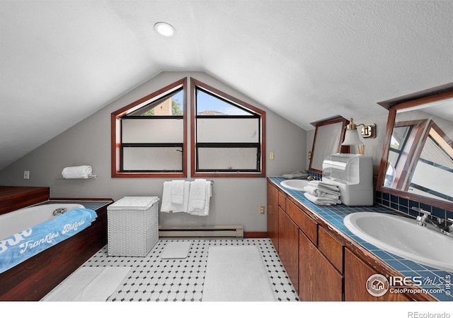1020 10th St, Boulder, CO 80302 - full bathroom featuring a baseboard radiator, double vanity, vaulted ceiling, a garden tub, and baseboards