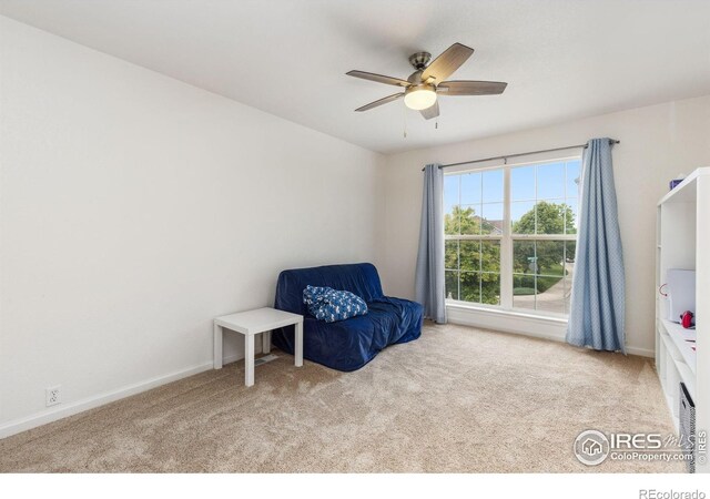 1706 Naples Ln, Longmont, CO 80503 - living area featuring carpet floors, ceiling fan, and baseboards