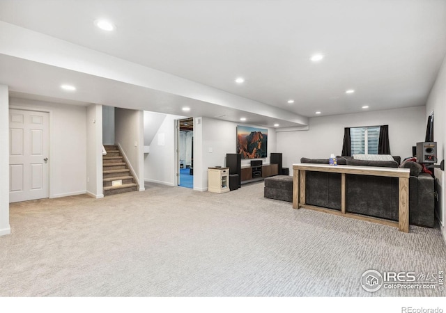 1706 Naples Ln, Longmont, CO 80503 - living room with recessed lighting, stairs, carpet flooring, and baseboards