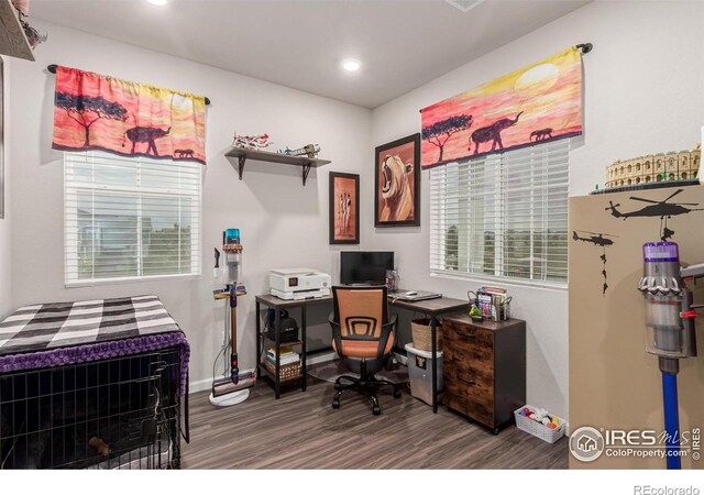 10 N Quantock St, Aurora, CO 80018 - office area featuring wood finished floors, recessed lighting, baseboards, and healthy amount of natural light
