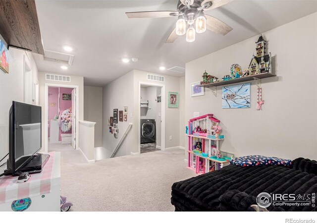 10 N Quantock St, Aurora, CO 80018 - bedroom with washer / dryer, carpet flooring, recessed lighting, a ceiling fan, and baseboards