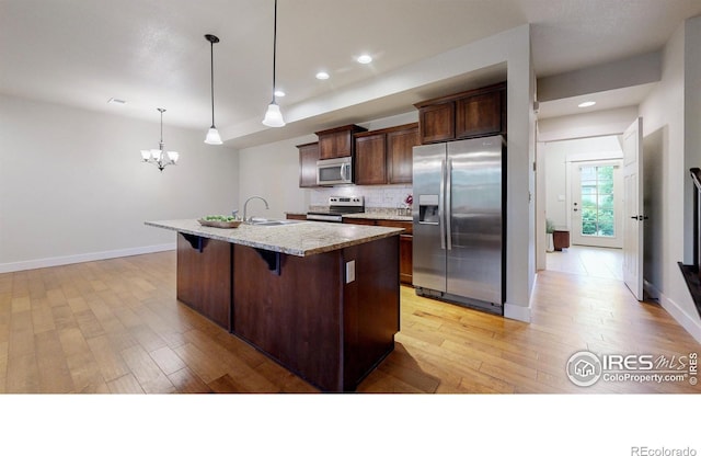 2107 Blackbird Dr, Fort Collins, CO 80525 - kitchen featuring stainless steel appliances, light wood-style floors, a kitchen bar, an island with sink, and backsplash