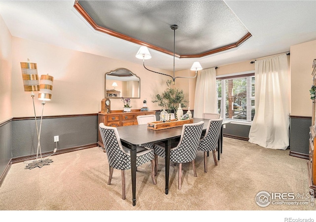 1766 Montgomery Cir, Longmont, CO 80504 - dining area featuring light carpet, a tray ceiling, and a textured ceiling