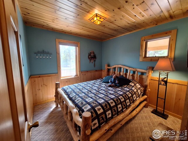 56 Pamlico Ct, Red Feather Lakes, CO 80545 - carpeted bedroom with a wainscoted wall, wood walls, and wooden ceiling
