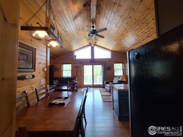 56 Pamlico Ct, Red Feather Lakes, CO 80545 - dining space with wood walls, wooden ceiling, hardwood / wood-style floors, ceiling fan, and vaulted ceiling