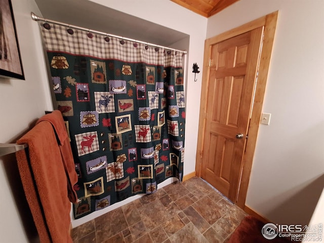 56 Pamlico Ct, Red Feather Lakes, CO 80545 - full bathroom with stone finish flooring, baseboards, and a shower with shower curtain