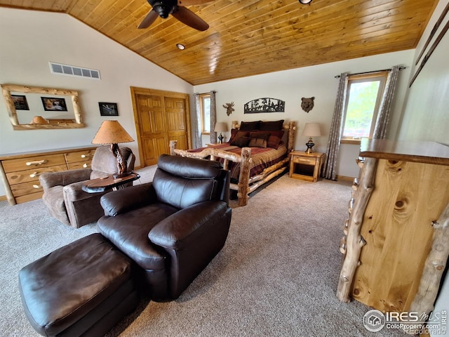 56 Pamlico Ct, Red Feather Lakes, CO 80545 - carpeted bedroom with wooden ceiling, vaulted ceiling, and a ceiling fan