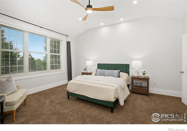 1926 Crested Butte Ct, Loveland, CO 80538 - bedroom with vaulted ceiling, carpet floors, baseboards, recessed lighting, and a ceiling fan